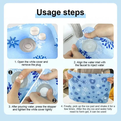 Step-by-step guide on how to use a blue ice-making device with snowflake patterns.
