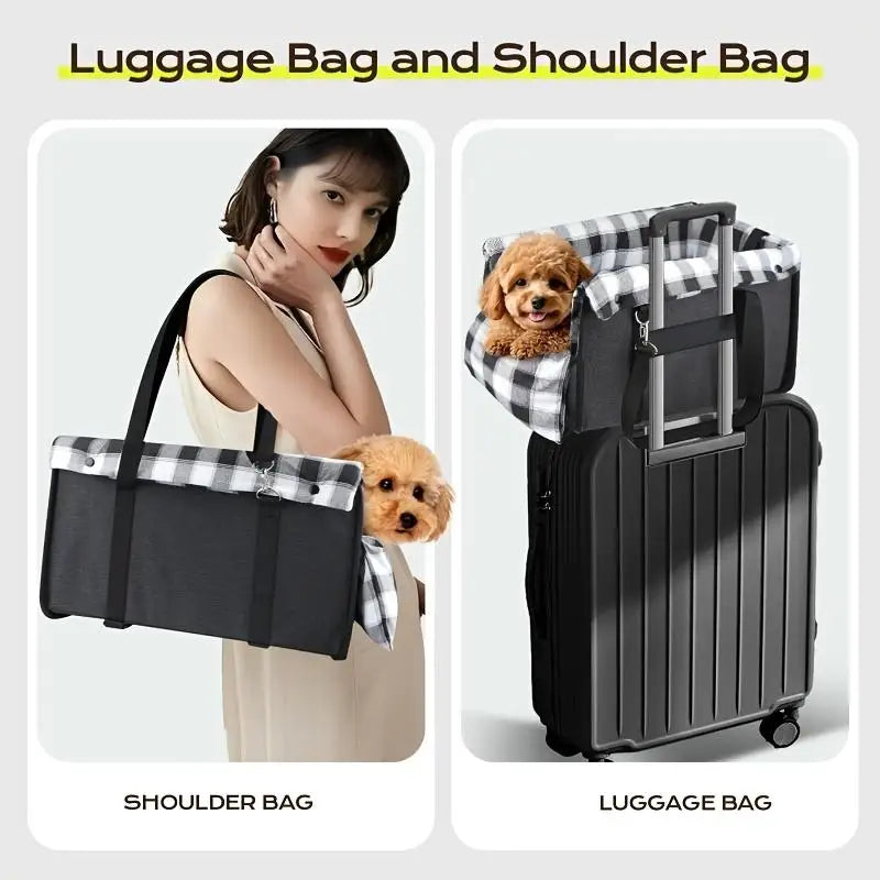 Two images showing a shoulder bag and a luggage bag with a dog inside, labeled 'Shoulder Bag' and 'Luggage Bag'.