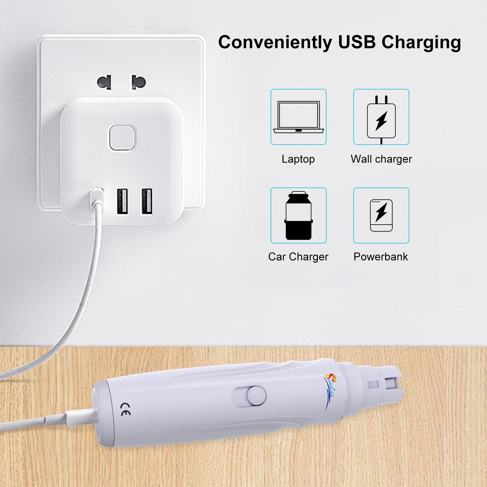 USB charging station with laptop, wall charger, car charger, and powerbank icons.