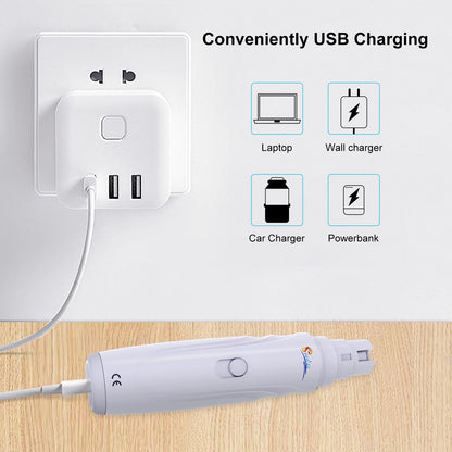 USB charging station with laptop, wall charger, car charger, and powerbank icons.