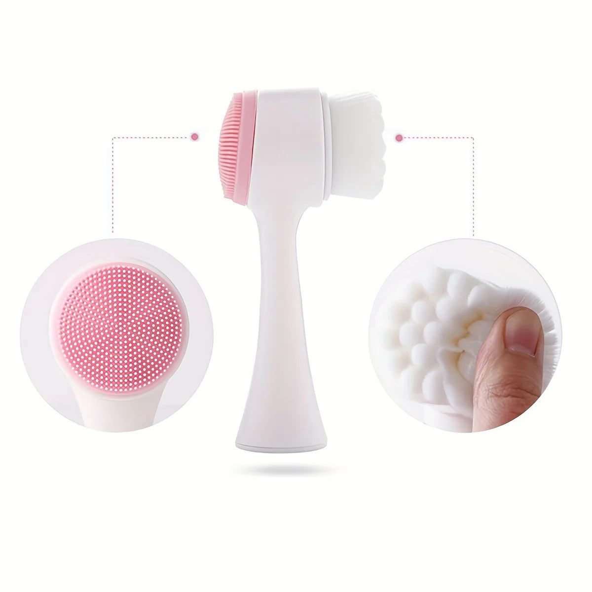 White facial cleansing brush with pink bristle head on a white background