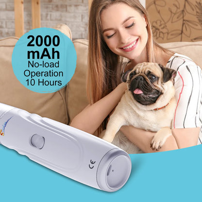 Woman holding a dog with a product labeled '2000 mAh No-load Operation 10 Hours' on a blue background
