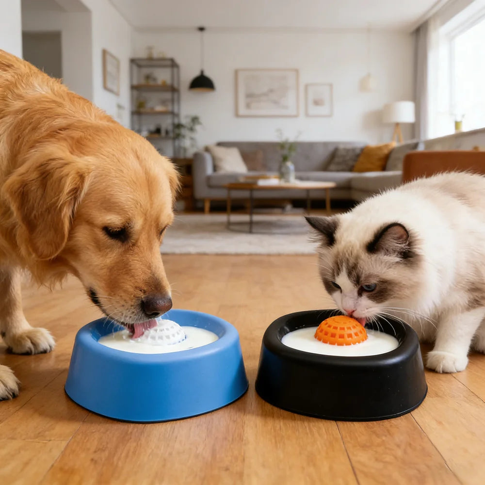 Dog and cat eating from separate bowls on a wooden floor in a living room.