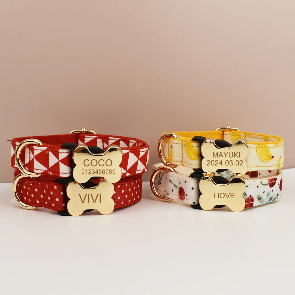 Two dog collars with bone-shaped tags displaying names and dates on a beige background.