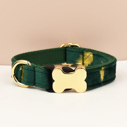 Green dog collar with gold bone-shaped tag on a beige background